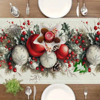 Decorative Christmas table runner with ornaments on a wooden table.