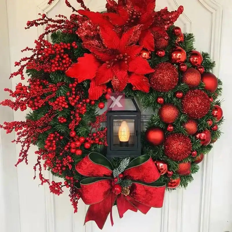 EMESA HOME 45CM Golden Lighted Floral Wreath with Red Ball Accents