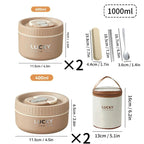 Dimensions and capacity details of Lucky lunch boxes on a white background