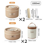 Dimensions and capacity details of Lucky lunch boxes on a white background