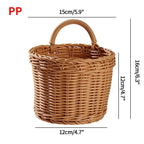 Wicker basket with dimensions labeled on a white background