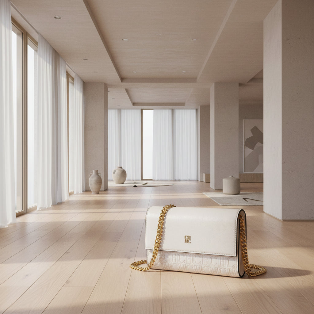 White handbag with gold chain strap on a white background