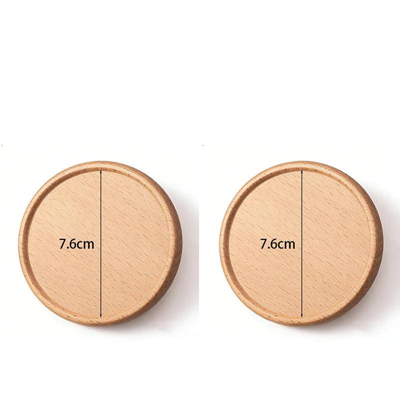 Two wooden coasters with a diameter of 7.6cm on a white background, labeled '2pcs 1-Beech'.