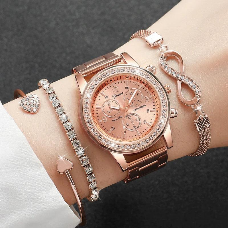Rose gold watch and bracelet set on a wrist against a dark background