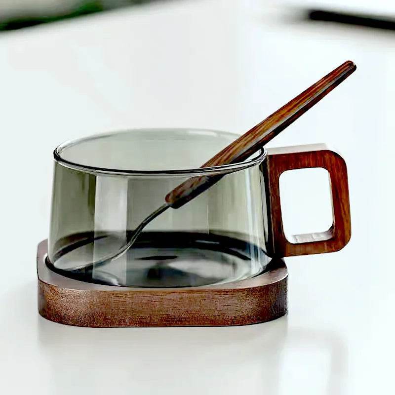 EMESA HOME 200ml American Latte Glass Coffee Mug with Wooden Tray, Spoon, Heat-resistant Milk Tea Cup, Fresh Ground Coffee
