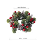An artificial Christmas wreath with green pine needles, red berries, and faux pinecones, shown with dimension lines indicating a width of 20cm (7.87 inches) and a top diameter of 7.