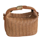 Brown woven handbag with gold accents on a white background