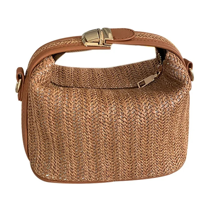 Brown woven handbag with gold accents on a white background