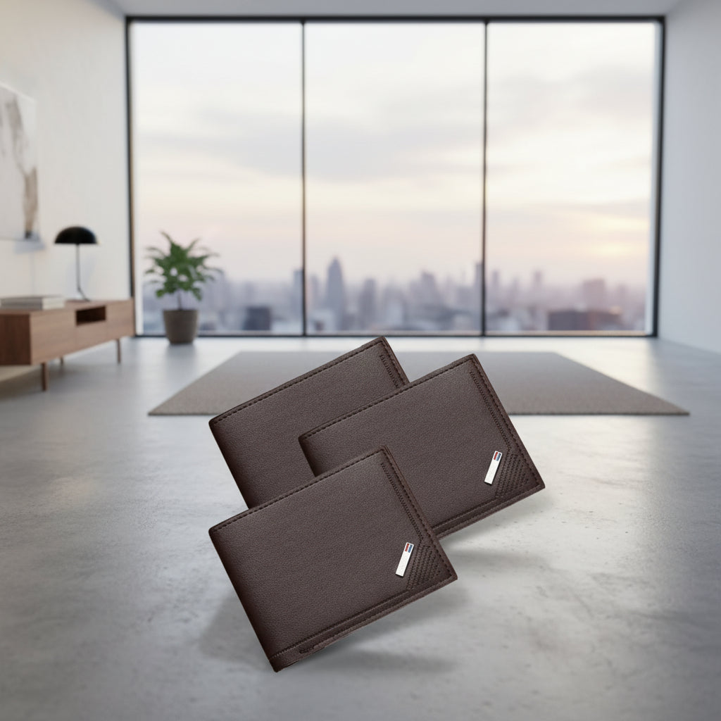 Three brown wallets with a brand logo on a white background