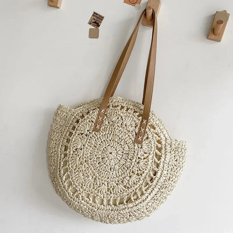 EMESA HOME Summer Round Straw Women Vacation Woven Beach Shoulder Bag Large Capacity Hollow Out Simple Tote Bag