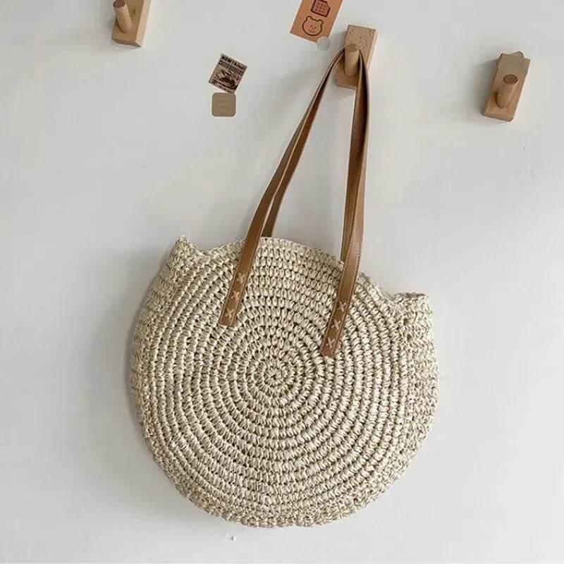 EMESA HOME Summer Round Straw Women Vacation Woven Beach Shoulder Bag Large Capacity Hollow Out Simple Tote Bag - EMESA HOME™