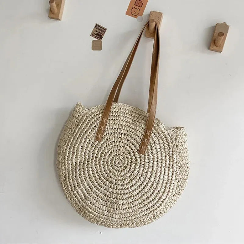 EMESA HOME Summer Round Straw Women Vacation Woven Beach Shoulder Bag Large Capacity Hollow Out Simple Tote Bag