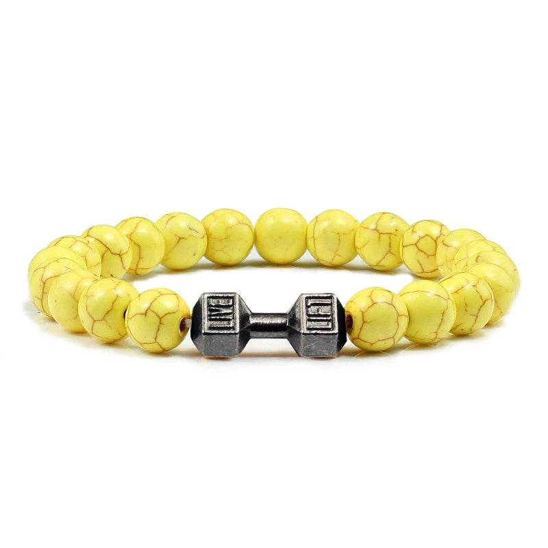 EMESA HOME Volcanic Stone Bead Bracelet – Matte Black Lava & White Dumbbell Charm Fitness Jewelry for Men & Women Yellow Black