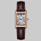 Watch with brown leather strap and rose gold case on white background, featuring the Sanda brand.