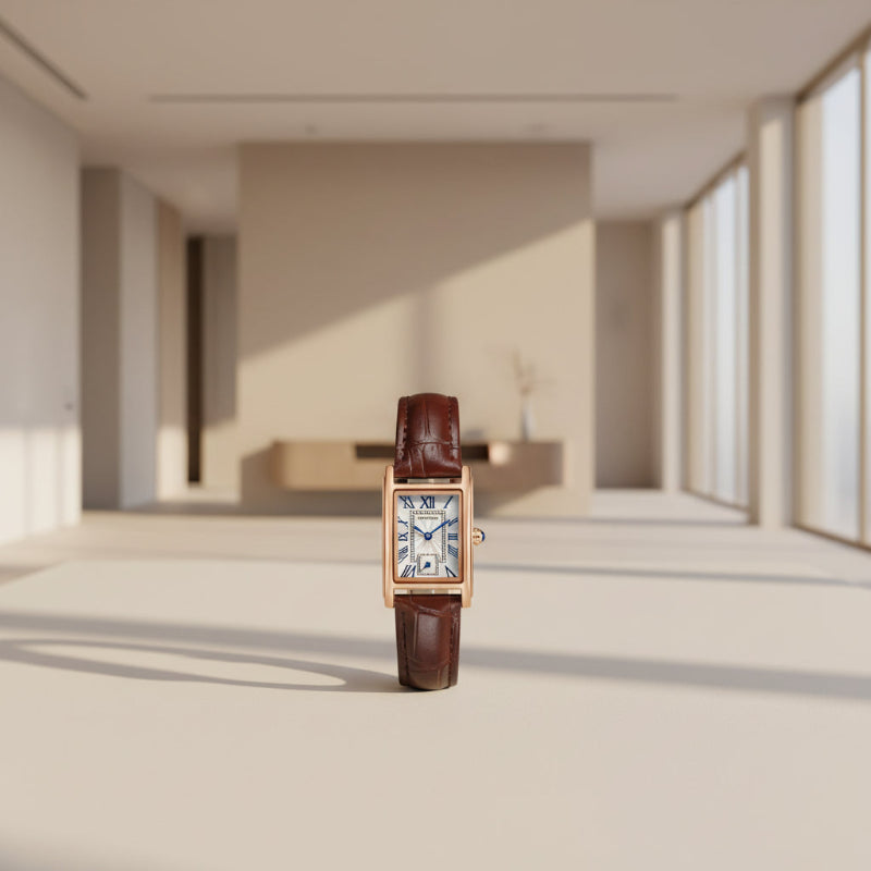 Watch with brown leather strap and rose gold case on white background, featuring the Sanda brand.