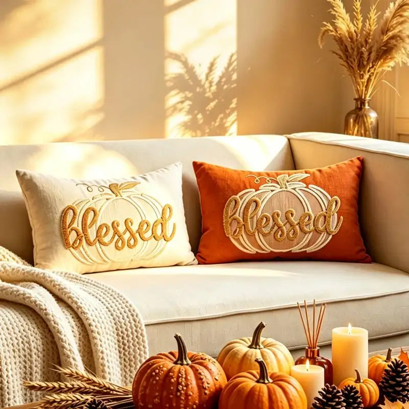Two decorative throw pillows on a beige sofa in a warm autumn living room setting. One pillow is cream with gold embroidery reading 'blessed' inside a pumpkin outline, and the other is rust orange with matching pumpkin embroidery.