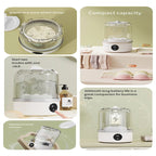 A 5-panel product collage showcasing a compact electric steamer or humidifier. The panels feature the product in various states: a close-up of the wave wheel design, compact capacity, two modes with one click, waterproof operation, and a 3000mAh long battery life.