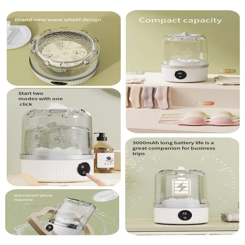 A 5-panel product collage showcasing a compact electric steamer or humidifier. The panels feature the product in various states: a close-up of the wave wheel design, compact capacity, two modes with one click, waterproof operation, and a 3000mAh long battery life.