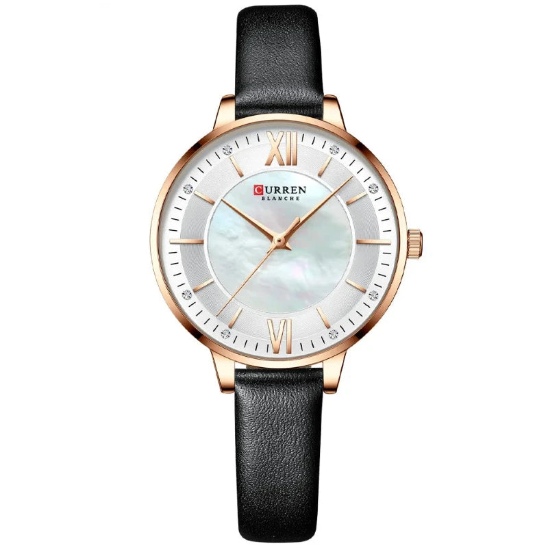 Curren watch with black leather strap and rose gold case on white background