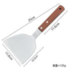 Measurement chart of a metal spatula with a wooden handle on a white background