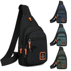 Black sling bag with orange accents and multiple views on a white background