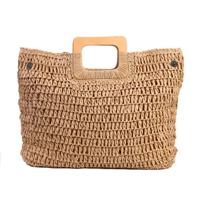 Beige woven handbag with wooden handle on a white background