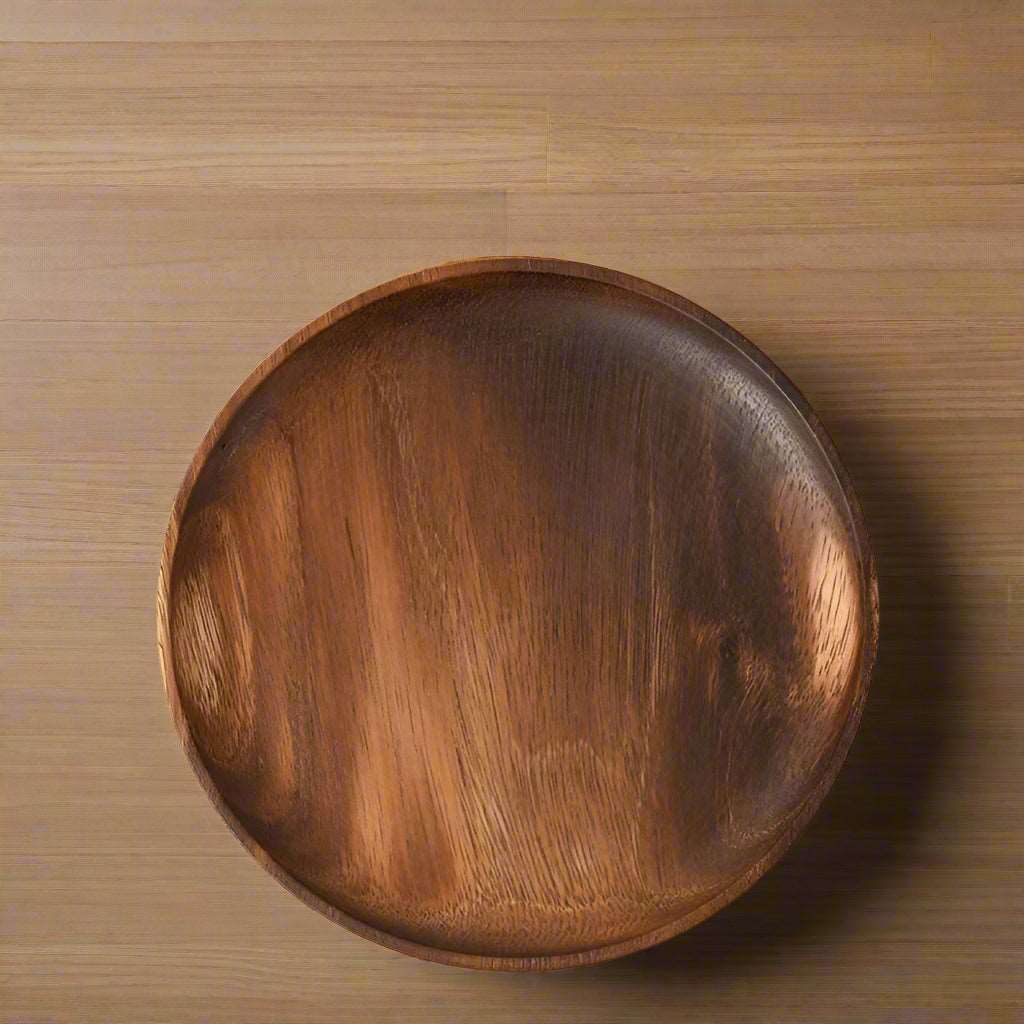 EMESA HOME Japanese Household Dishes Acacia Wood Round Tableware Salad Dessert Tray Vintage Wood Dinnerware Set Plates Serving Platter