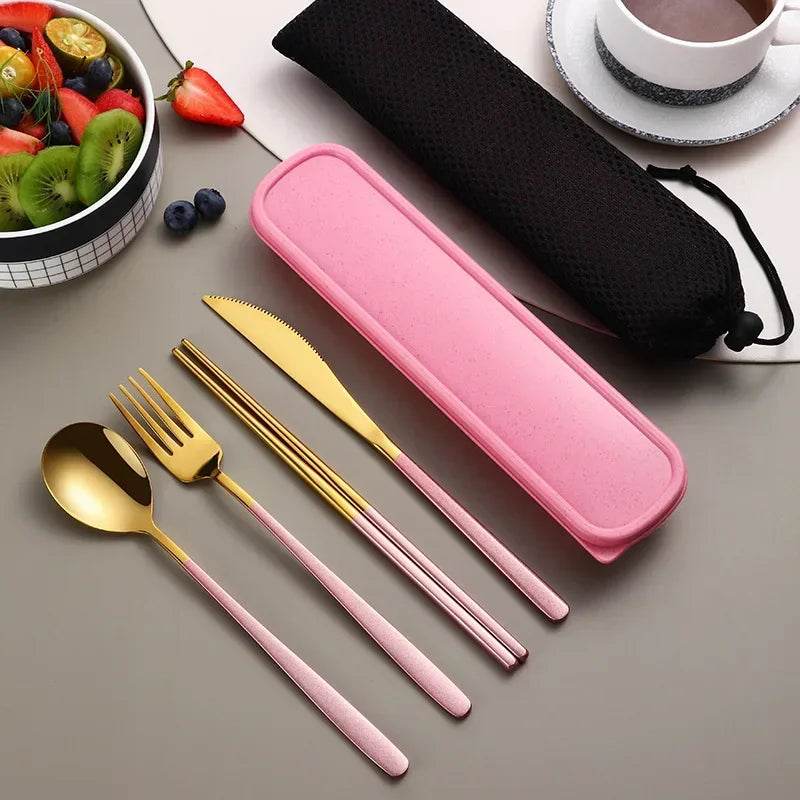 EMESA HOME Portable Stainless Steel Cutlery Set – Knife, Fork, Spoon, Chopsticks with Case, 4-Piece Travel Flatware Gift Set Gold pink
