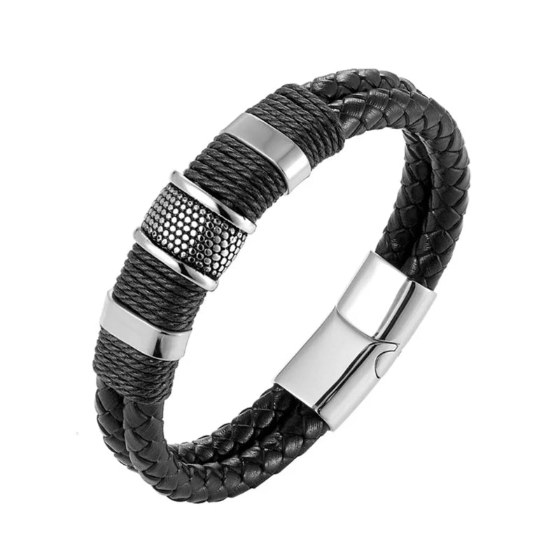 Black braided leather bracelet with silver accents on a white background