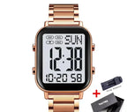 Rose gold digital watch with strap adjuster and box on a white background, featuring the Skmei brand.