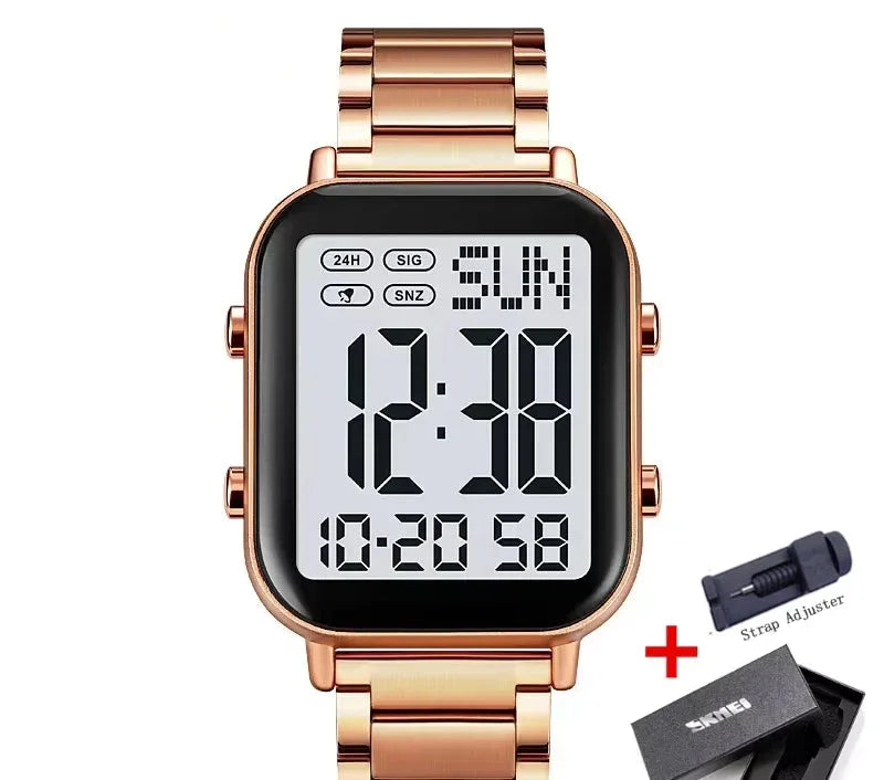 Rose gold digital watch with strap adjuster and box on a white background, featuring the Skmei brand.