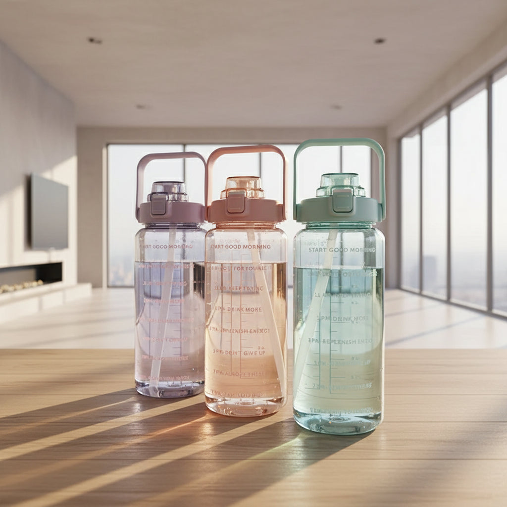 Three transparent water bottles with colorful lids on a wooden surface.