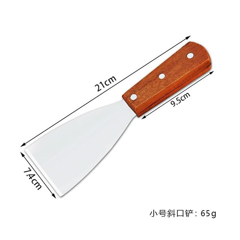 Measuring tool with wooden handle and metal blade on a white background