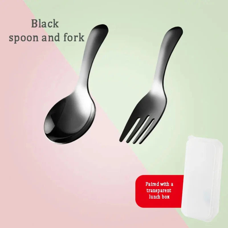 Black spoon and fork on a pink and green gradient background with a transparent lunch box.