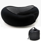 Black neck pillow with a carrying pouch on a white background