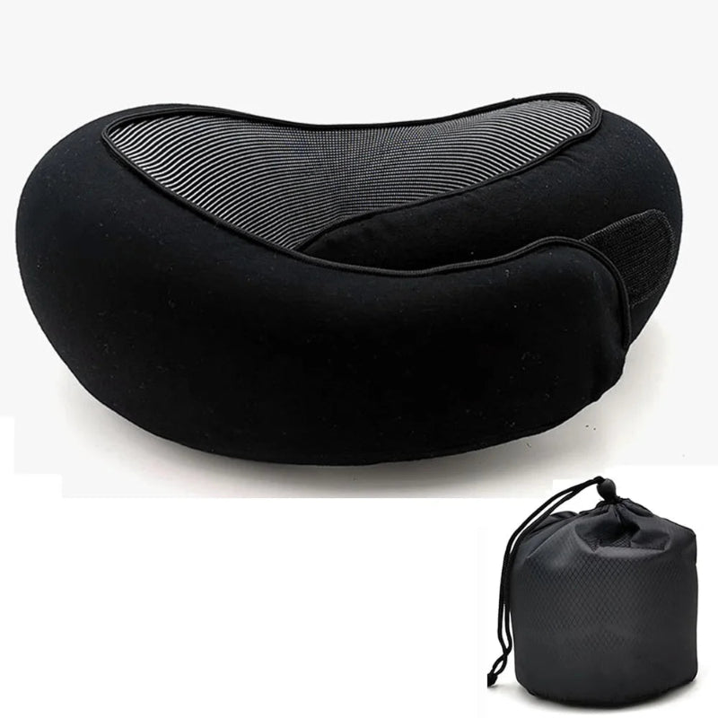 Black neck pillow with a carrying pouch on a white background