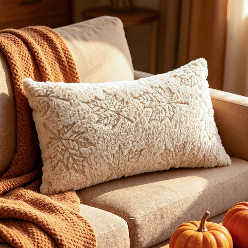 A rectangular cream throw pillow with a textured, raised snowflake pattern, styled on a beige sofa next to a rust-orange knit blanket, with pumpkins in the foreground.