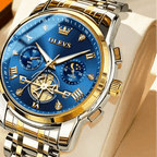 Luxury watch with blue face and gold accents, featuring the OLEVS brand.