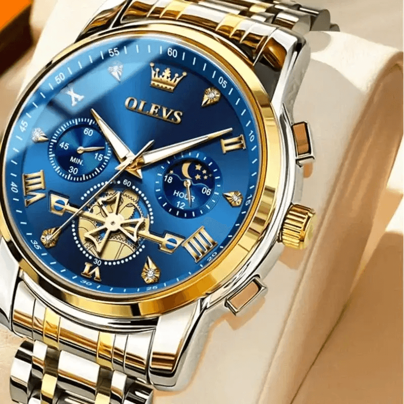 Luxury watch with blue face and gold accents, featuring the OLEVS brand.