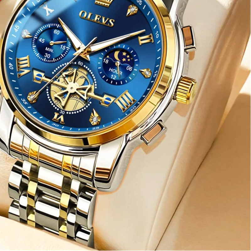 Luxury watch with blue face and gold accents, featuring the OLEVS brand.