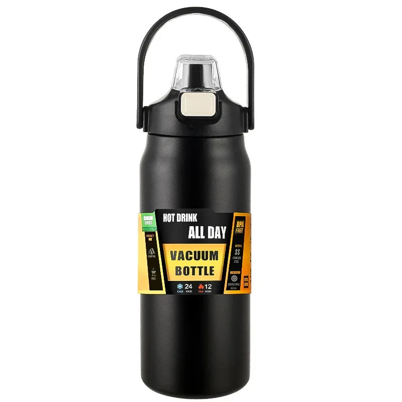 Black vacuum bottle with a handle on a white background