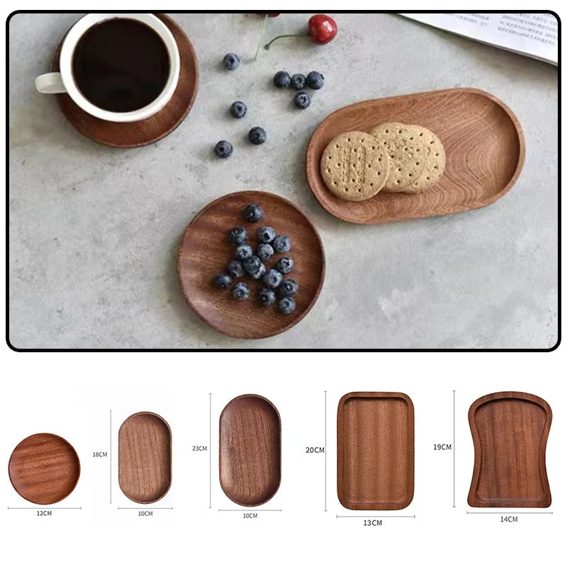 EMESA HOME-Tableware Dessert Round Tray - Walnut Color Japanese Wood Tray, Breakfast Bread Tray, Creative Tea Saucer Coasters, Coffee Coasters