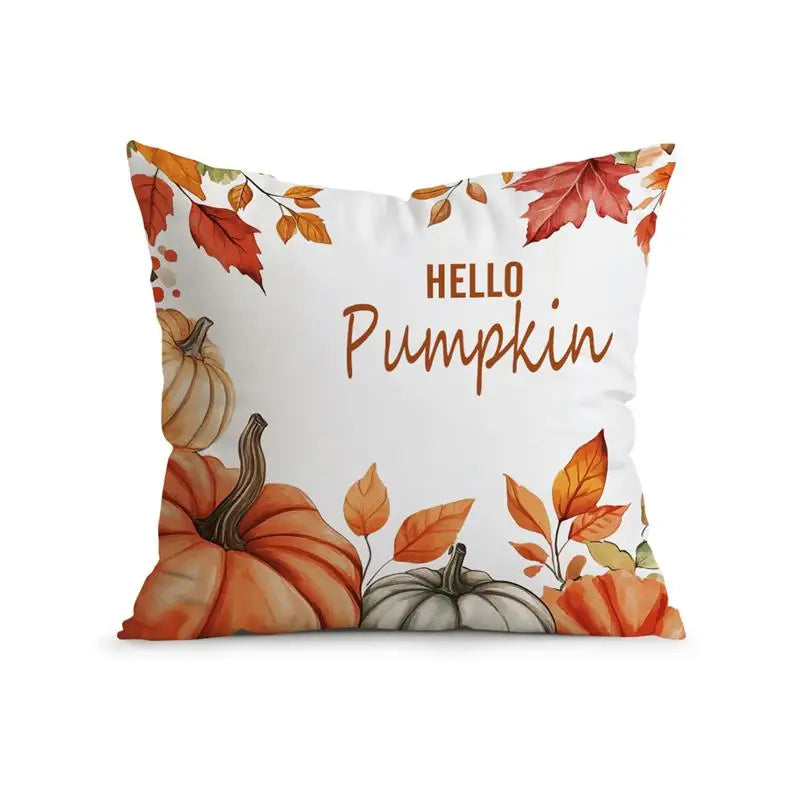 A square throw pillow with a white background featuring a watercolor autumn design of pumpkins, leaves, and the text 'HELLO Pumpkin' in brown.