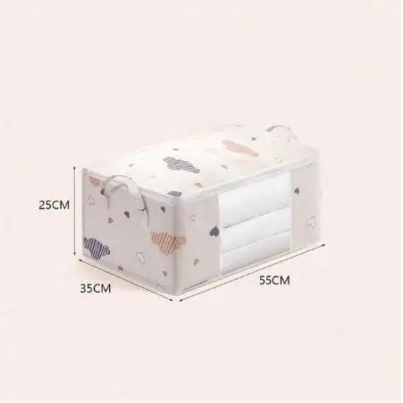 Rectangular fabric box with cartoon designs and dimensions on a light pink background