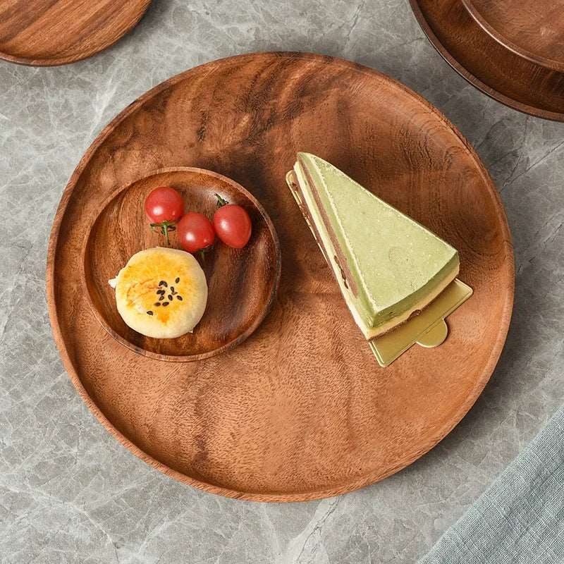 EMESA HOME Japanese Household Dishes Acacia Wood Round Tableware Salad Dessert Tray Vintage Wood Dinnerware Set Plates Serving Platter