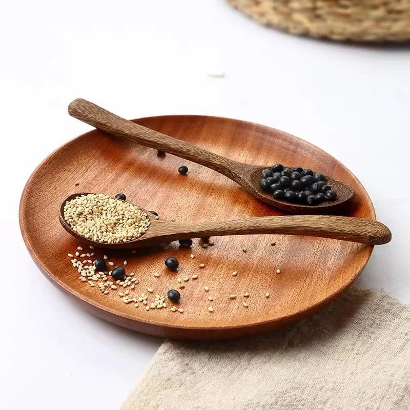 EMESA HOME-Tableware Dessert Round Tray - Walnut Color Japanese Wood Tray, Breakfast Bread Tray, Creative Tea Saucer Coasters, Coffee Coasters