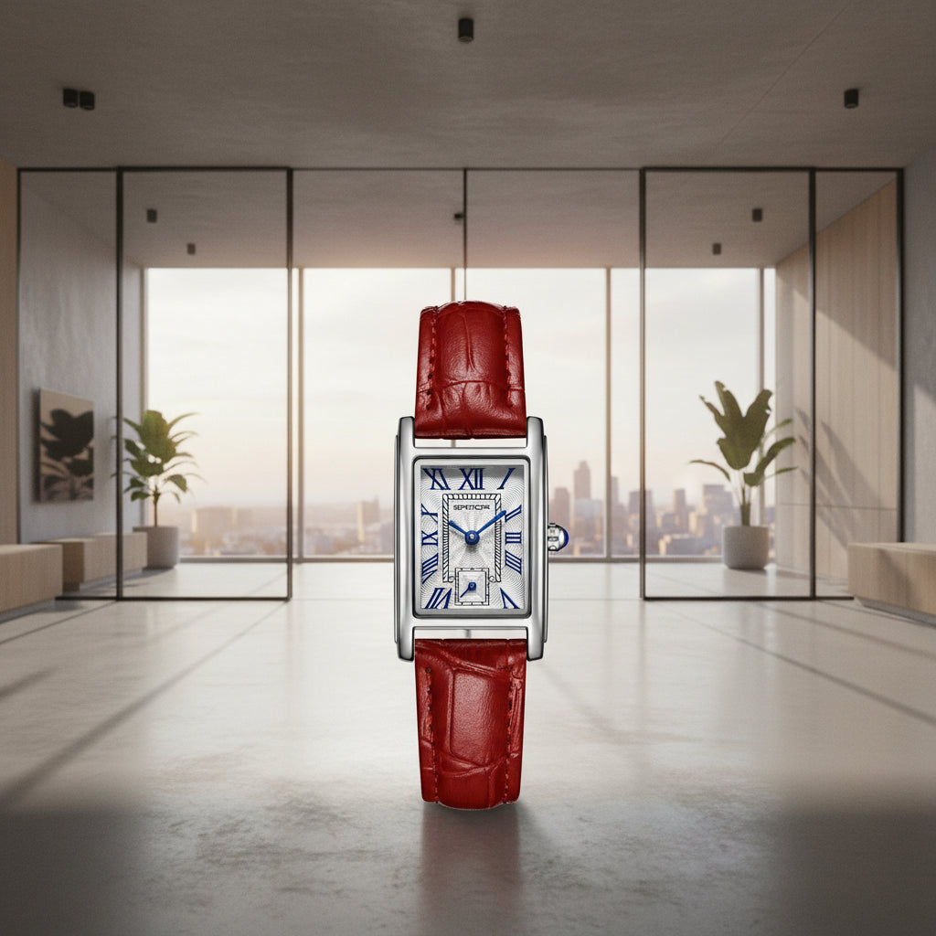 Watch with red leather strap and silver case on a white background, featuring the brand 'SANDA'.
