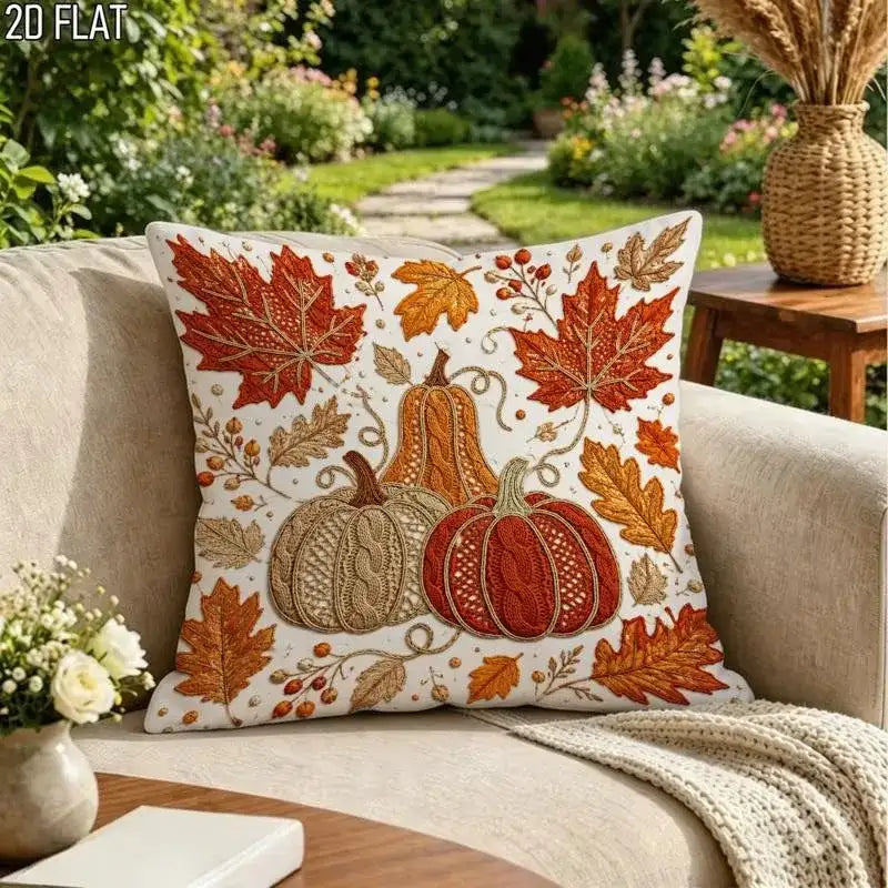 A square throw pillow with an autumn harvest design featuring three pumpkins and colorful leaves, styled on a beige sofa in a garden patio setting.