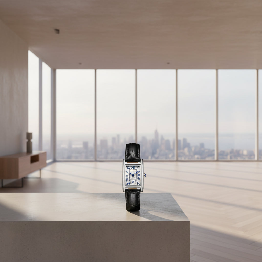 Black leather strap watch with silver case on a white background, featuring the brand 'SANDA'.