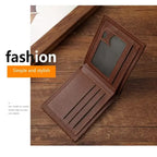 Brown leather wallet on a wooden surface with 'fashion' text overlay.